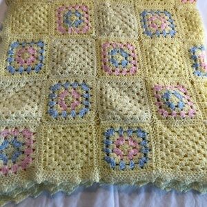 Handmade Crochet Blanket in Yellow, Pink, and Blue